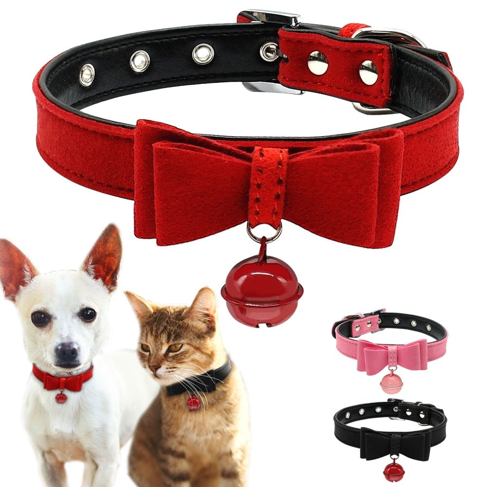 Bowtie Leather Bell Collars - Pawsitivetrends