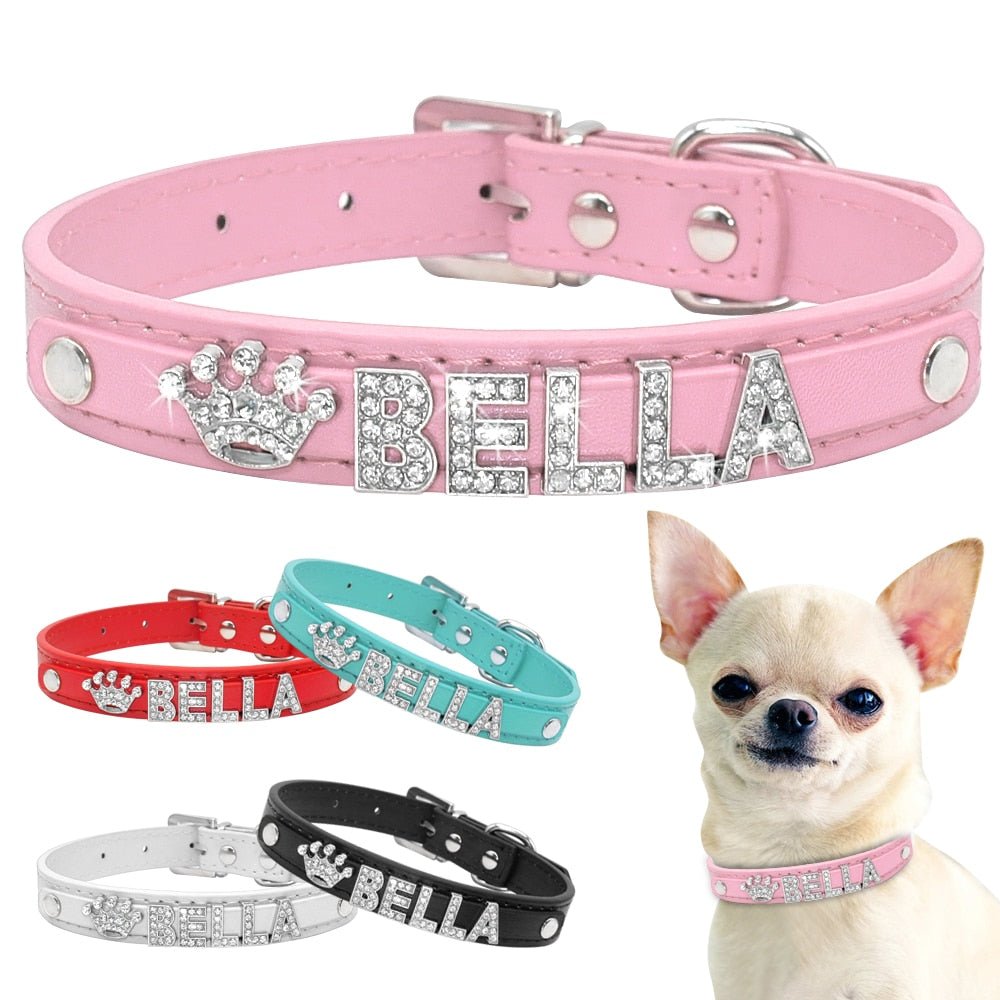 Personalized Engraved Leather Rhinestone Dog Collar - Pawsitivetrends